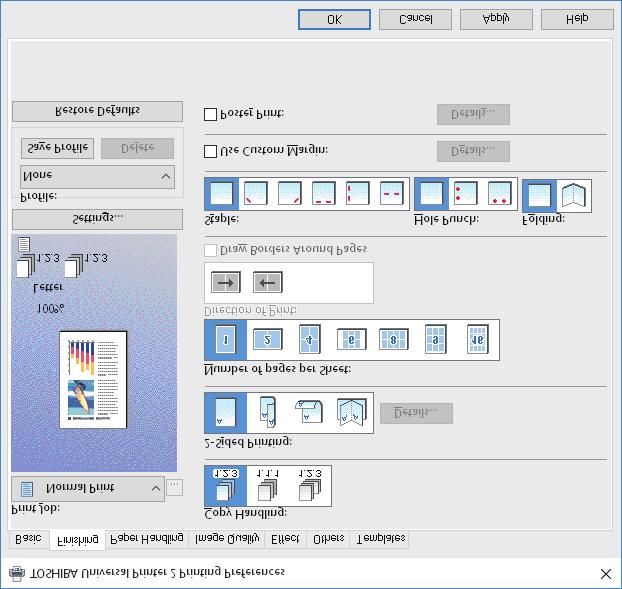 .PRINTING FROM WINDOWS APPLICATIONS [Finishing] tab Allows you to enable sort printing, -sided printing, number of pages per sheet, poster printing, stapling, and punching.