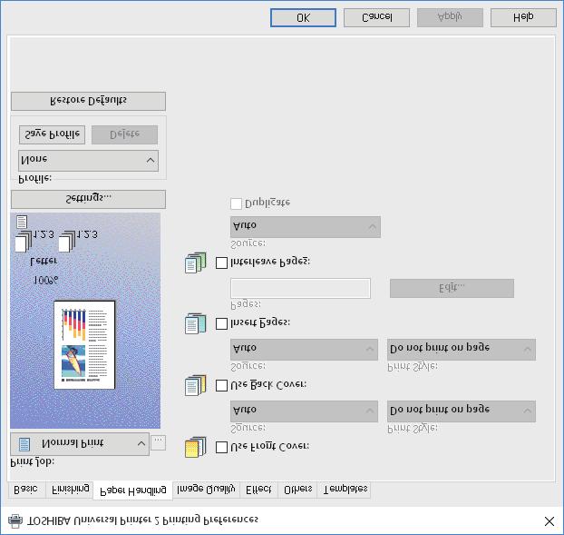 .PRINTING FROM WINDOWS APPLICATIONS [Paper Handling] tab Allows you to perform Front Cover printing, Back Cover printing, Inserting Pages, and Interleaving Pages.