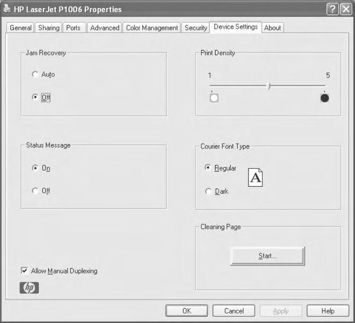 3. Print a cleaning page. Access the printer Properties (or Printing Preferences in Windows 2000 and XP) then click on the Device Settings tab.