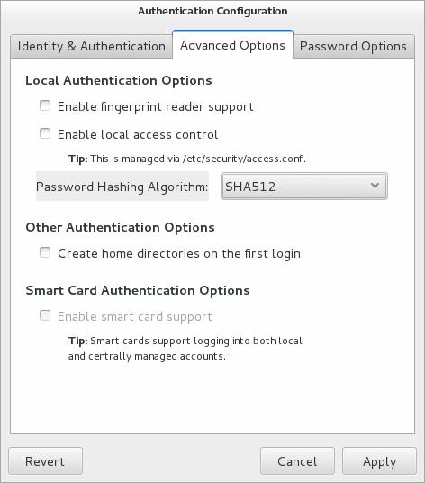 Configuring Local Access Figure 24.2 Authentication Configuration Advanced Options Alternatively, use the following command: # authconfig --enablepamaccess --update Each entry in /etc/security/access.