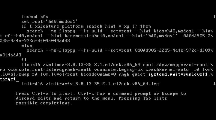 Modifying Kernel Boot Parameters in GRUB 2 3. Use the arrow keys to scroll down the screen until the cursor is at the start of the boot configuration line for the kernel, which starts linux16. 4.