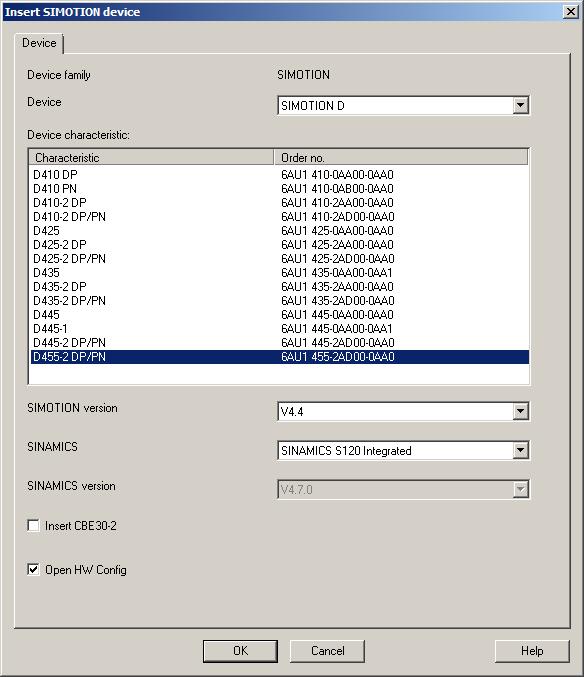 PROFINET IO 5.3 Configuring PROFINET IO with SIMOTION 3. Select the current SIMOTION Version, e.g. V4.4 and SINAMICS S120 Integrated.