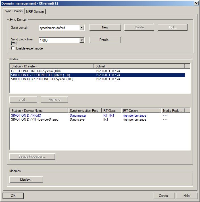 PROFINET IO 5.3 Configuring PROFINET IO with SIMOTION Configuring a send clock for PROFINET IRT 1. In HW Config, open the Domain Management dialog box. Figure 5-43 Domain Management 2.