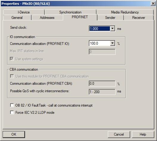 PROFINET IO 5.3 Configuring PROFINET IO with SIMOTION Configuring a send clock for PROFINET RT 1. Double-click on the PN interface. The Properties dialog box opens. 2.