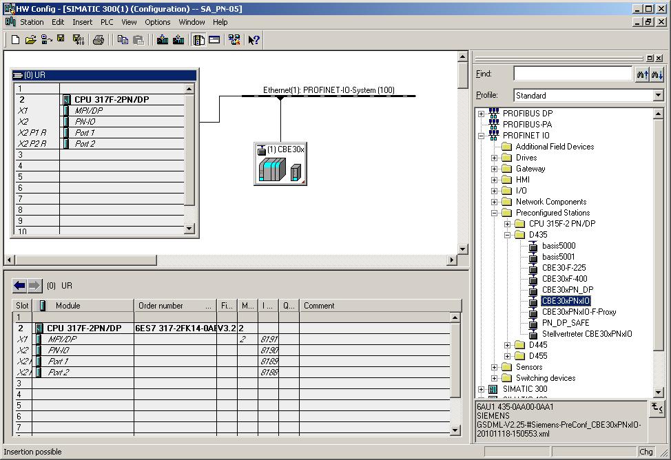PROFIsafe 9.5 PROFIsafe via PROFINET 25.Insert the F-CPU, e.g. CPU317-2 PN/DP. This must at least be version V3.2. 26.