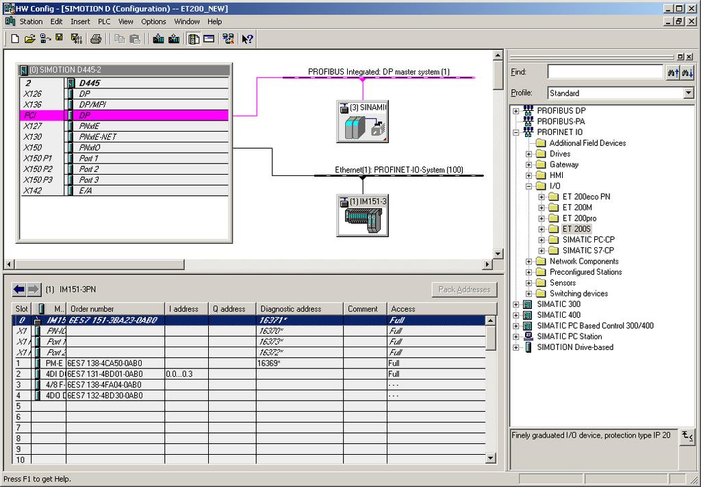 PROFIsafe 9.5 PROFIsafe via PROFINET 4. Configure a PROFINET IO device ET 200S (IM151 3PN HF) with several submodules as shown in the figure below.