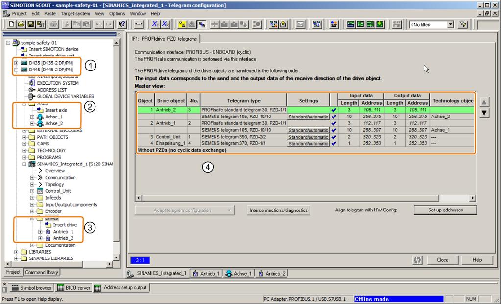 PROFIsafe 9.5 PROFIsafe via PROFINET 4. Insert the PROFIsafe telegrams in the telegram configuration for the drive unit and align the telegrams with HW Config.