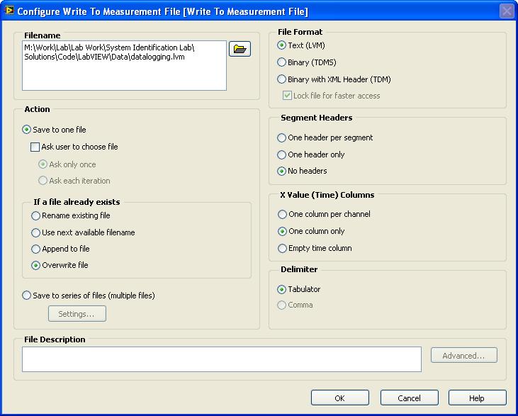 44 Logging to File When you drag in the Write to Measurement File, a configuration dialog window will automatically pop up.