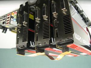 Use one CrossFire TM Bridge to connect the Radeon graphics cards on PCIE1 and PCIE3 slots, and use the other CrossFire TM Bridge to connect the Radeon graphics cards on PCIE3 and
