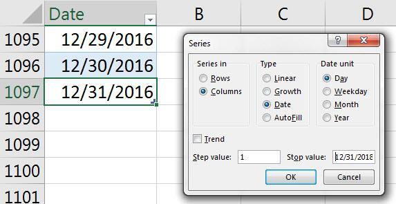 in the Calendar Table, go to the Home Ribbon Tab, Edit group, Fill drop-down,