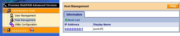Host Management The Promise WebPAM network configuration information can be viewed under the Host Management