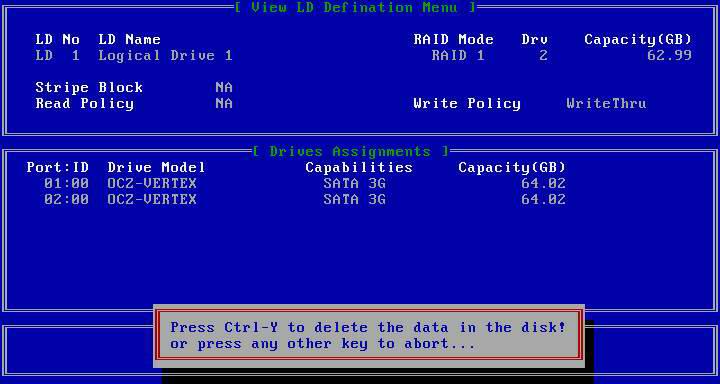 Delete Logical Disk Menu Pressing 3 on the main menu opens the Logical Disk deletion menu. JBOD disks can be viewed by pressing Ctrl + V.