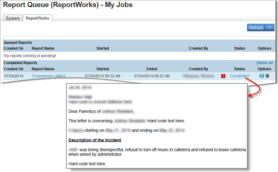 4. Once the report is complete, click the Completed status to view the report.