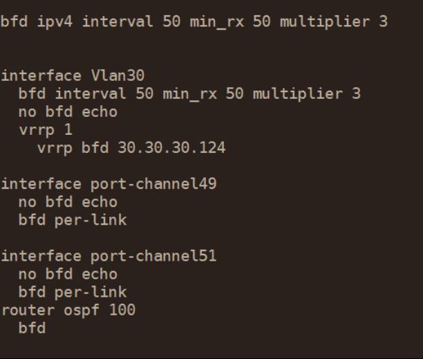 In environments using Cisco vpc (MLAG), BFD should also be enabled on all routed interfaces and all host-facing interfaces running Virtual Router Redundancy Protocol (VRRP).
