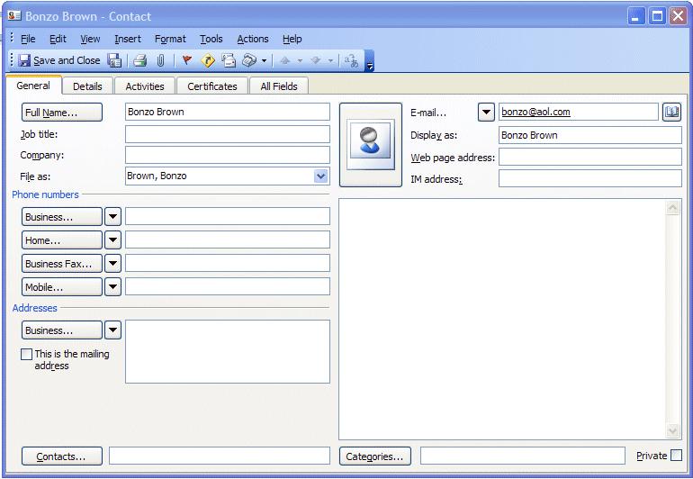 NCMail: Outlook 2003 Email User s Guide 18 The Contact entry menu screen appears below.