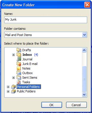 To create a Personal Folder, do the following: Click-on File in the Menu Bar, then click-on New in the drop down menu, and then click-on Folder The