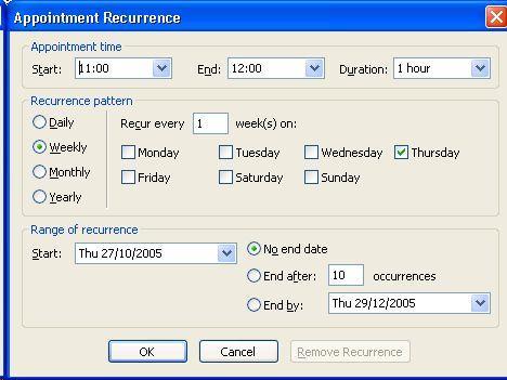 2. Within the Appointment window, click on the [Recurrence...] button on the toolbar - you should see a window similar to below: 3.