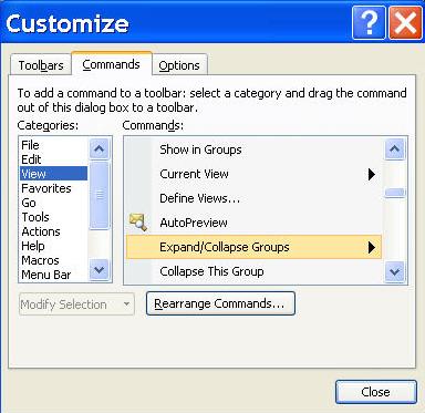 Let go of your left-mouse button to insert your command onto the toolbar. Under the View Category, you will also see a command for Expand/Collapse groups.