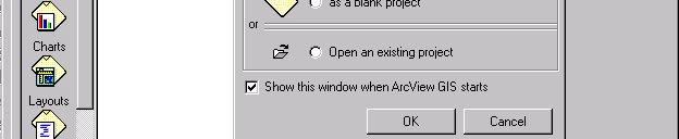 Opening ArcView presents a subwindow named untitled. This subwindow allows you to either create a new project (as an existing view or a new blank project) or to open an existing project.