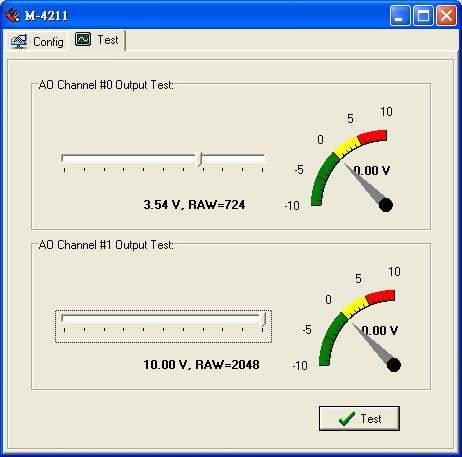 Configuring I/O Modules You may test if the analog output channel really works over the network. Click on the Test tab on the Config page. Scroll the output level, and then press Test.