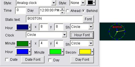 Options include ahead or behind time differences; Static texts with font; color, size and shape, as well as font of the time