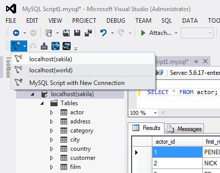 Figure 3.2 The MySQL for Visual Studio Toolbar: Connections The MySQL script window supports the IntelliSense feature for easing MySQL script creation inside Visual Studio.