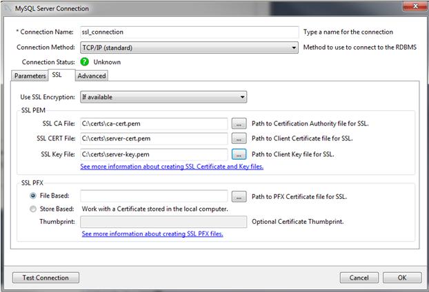 In the SSL tab, add a path to the SSL CA, SSL CERT, and SSL Key files within the SSL PEM area. Click Test Connection to verify the connection information. Figure 4.6 MySQL Server Connection SSL Tab 5.