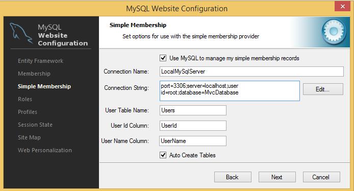 Simple Membership Provider Figure 6.6 MySQL Website Configuration Tool - Simple Membership The MySQL Simple Membership provider handles the website membership tasks with ASP.NET.