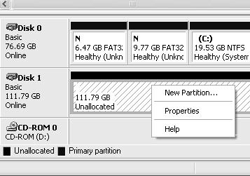 3. Right-click on the Unallocated block, and select New Partition. 4.