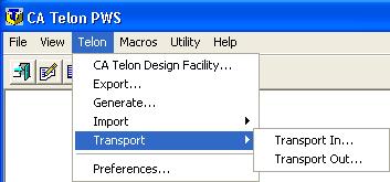 Item CA Telon Design Facility Export Generate Import > Import Program Import > Import Database Transport > Transport In Transport > Transport Out Preferences Description Invokes the TDF.