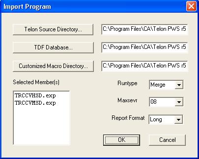 Import Import Program Dialog The Import Program dialog lets you select the CA Telon source files that you want to import into a TDF database.