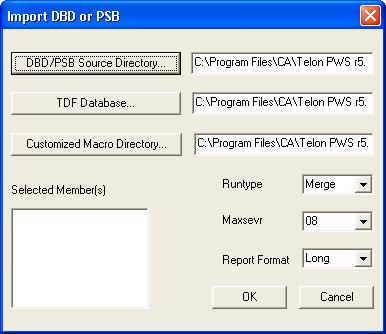 Import Import DBD or PSB Dialog The Import DBD or PSB dialog lets you select the DBD or PSB database files that you want to import into a TDF database.
