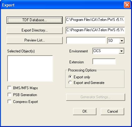 Export Export Dialog The Export dialog lets you select the CA Telon programs or panels that you want to export from a TDF database. To specify the Export processing parameters: 1.