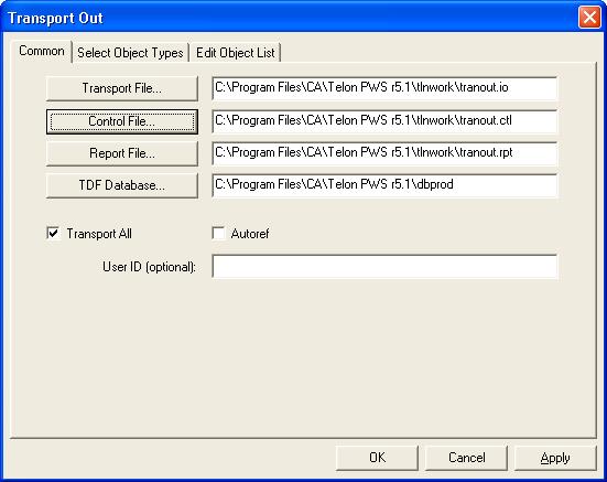 Transport Out Transport All Objects and Object Types Use the Common tab to define basic parameters for transport out. To specify the processing parameters for transport out 1.