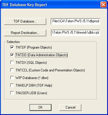 TDF Database Utilities Create the TDF Database Key Report The TDF Database Key Report utility produces one or more TDF Database Key reports listing the object keys for the specified TDF database