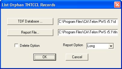 TDF Database Utilities Delete Orphan TNTCCL Entries The TDF Database Delete Orphan utility produces a report that identifies and optionally deletes orphaned custom code records found in the TNTCCL