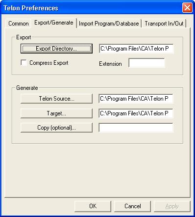 Export/Generate Tab Export/Generate Tab The Export/Generate tab lets you identify parameters used by the Export and Generate processes, such as the location of the directories for exported source,
