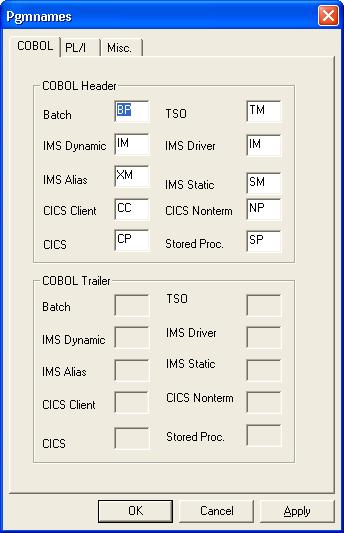 Customizable Macros COBOL Tab There are two characters shared by the Header and Trailer fields. If two characters are specified for Header, the corresponding Trailer control becomes unavailable.