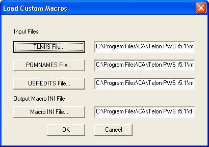 Customizable Macros Load Custom Macros Load Custom Macros takes existing customizable macros (TLNIIS, PGMNAMES, and USREDITS), and parses them to produce a Macro.