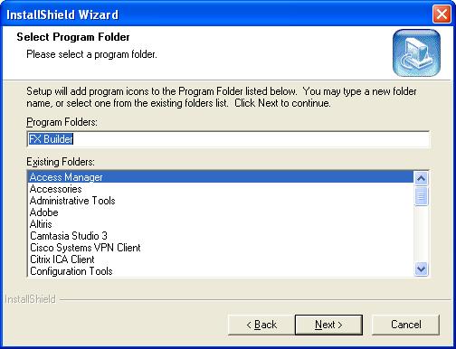 The Select Program Folder window appears (X146HFigure 8X). Figure 8: Select Program Folder 7. Click Next.
