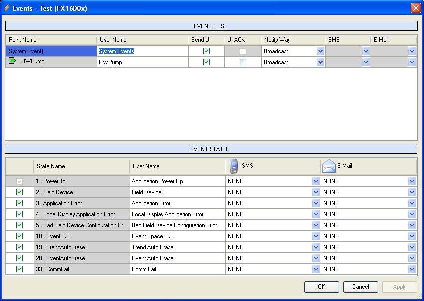 116 FX Tools Software Package - FX Builder User s Guide Events The Events plug-in allows you to configure the events of the application and their corresponding Messaging Service actions