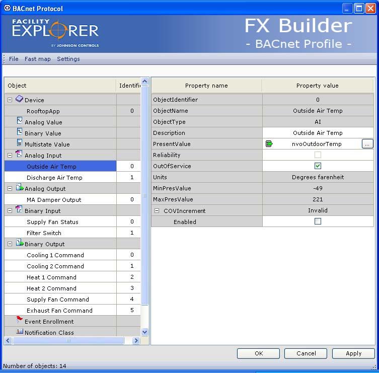 176 FX Tools Software Package - FX Builder User s Guide BACnet objects are automatically created for every hardware type application point (393HFigure 227X).