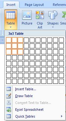 Simply click on the Insert Tab. Tables is right below. A pop up menu will let you decide the number of vertical columns and horizontal rows. Just drag your mouse over the number of cells you want.
