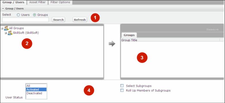 Select Groups and Users The Group / Users filter allows you to select specific groups, subgroups, or users.