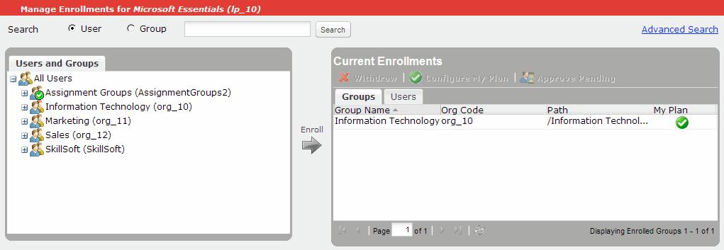 Users & Groups Enrollments and Waivers View Current Enrollments To view the current enrollments for a learning program or Live Learning course (LLC) 1.