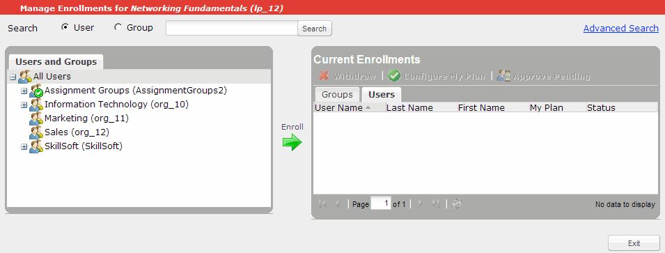 Users & Groups To enroll users or groups in a learning program or LLC 1. Click Users & Groups Enrollments and Waivers on the navigation bar. 2.