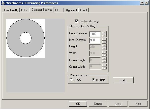 Diameter Settings Tab The Diameter Settings tab allows you to change the size of the print image to accommodate the variety of printable surface area available on media without having to modify the