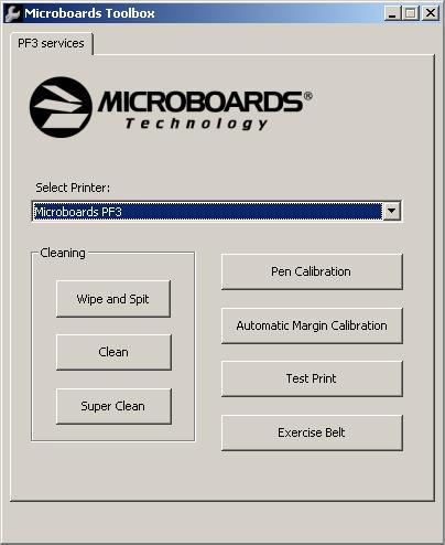 Select the Microboards PF3 and click the buttons to access a particular maintenance function of the Toolbox for the selected printer.