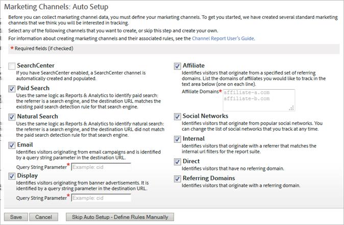 Getting Started with Marketing Channels 9 Note: The Marketing Channels: Auto Setup page displays automatically when you access channel configuration applications in Admin Tools.
