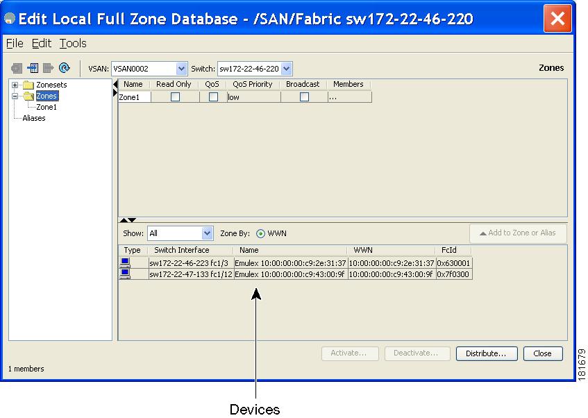 Creating Zone Sets Chapter 6 Step 4 Drag and drop devices into the zone. Once the zone is populated with the devices, the name of the zone is displayed in italics.